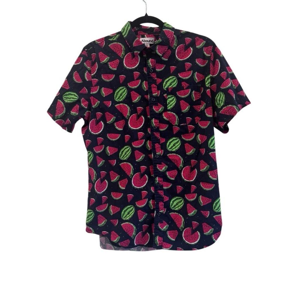 Abound Men’s Medium Watermelon Print Button Up Shirt Black Short Sleeve Novelty